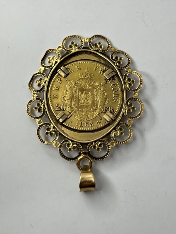 Pendentif Or 18K avec 20 Francs Napoléon montée - Tête laurée - 1863 A - Or - 10.39g – Image 4
