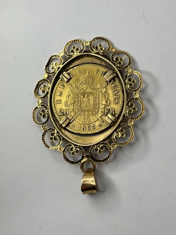 Pendentif Or 18K avec 20 Francs Napoléon montée - Tête laurée - 1863 A - Or - 10.39g – Image 3