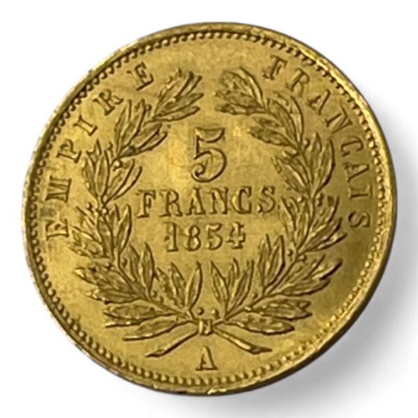 5 Francs Napoléon - Petit module - Tête nue - 1854 A - Paris - Tranche lisse - Or – Image 3