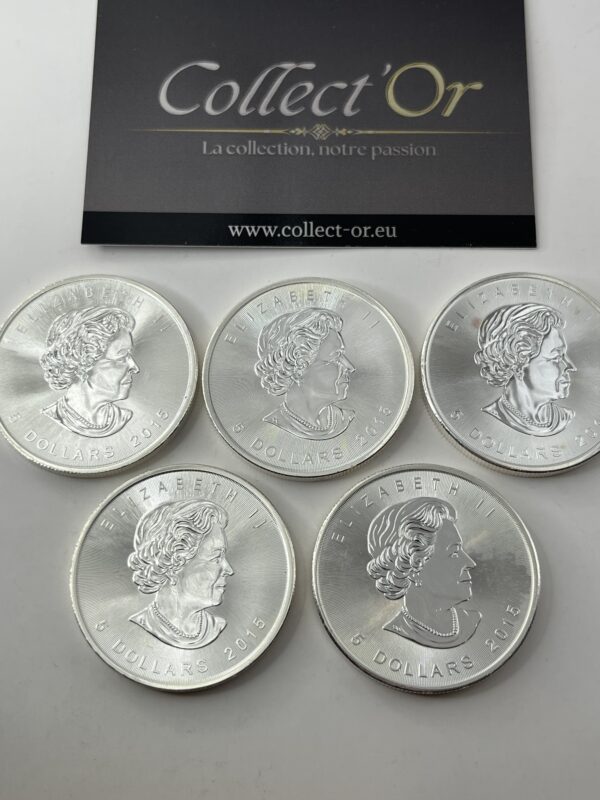 Lot de 5 monnaies - 1 oz / Once - maple leaf canada (31.1 grammes) en Argent 999.9 - 2015 – Image 2