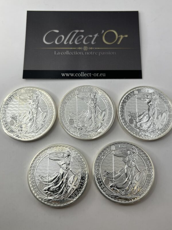 Lot de 5 monnaies - 1 oz / Once - Britannia - Angleterre (31.1 grammes) en Argent 999.9 - 2022