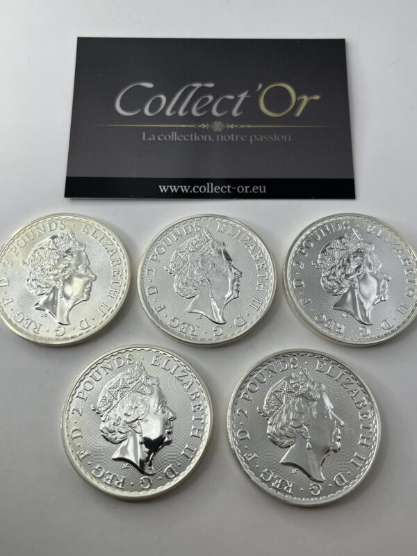Lot de 5 monnaies - 1 oz / Once - Britannia - Angleterre (31.1 grammes) en Argent 999.9 - 2022 – Image 2