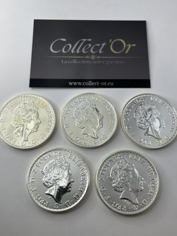 Lot de 5 monnaies - 1 oz / Once - Britannia - Angleterre (31.1 grammes) en Argent 999.9 - 2023 – Image 2