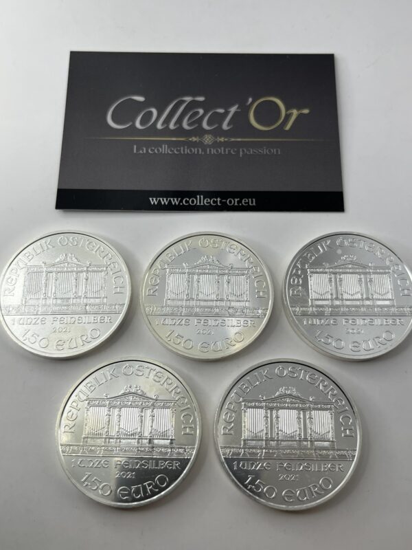 Lot de 5 monnaies - 1 oz / Once - Philharmonique - Autriche (31.1 grammes) en Argent 999.9 - 2021 – Image 2