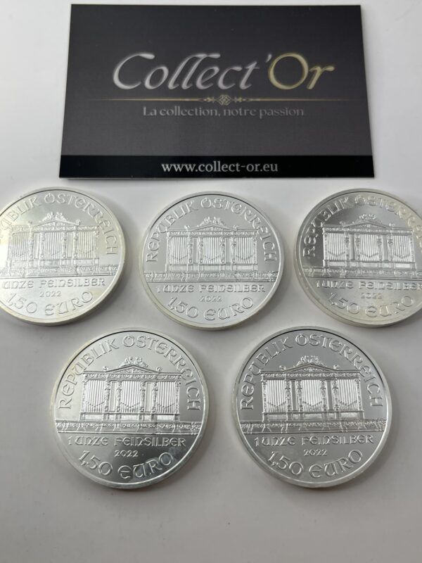 Lot de 5 monnaies - 1 oz / Once - Philharmonique - Autriche (31.1 grammes) en Argent 999.9 - 2022 – Image 2