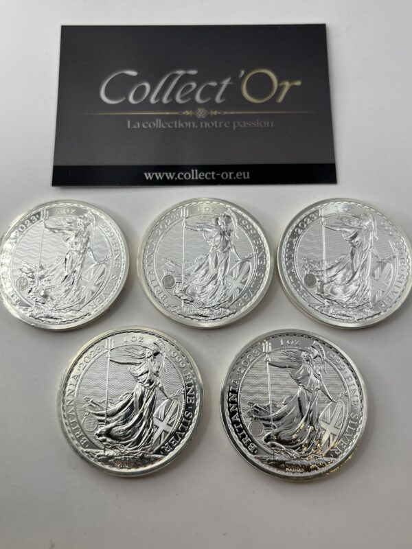 Lot de 5 monnaies - 1 oz / Once - Britannia - Charles III - Angleterre (31.1 grammes) en Argent 999.9 - 2023