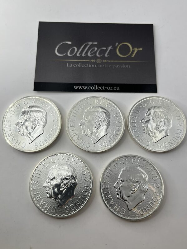 Lot de 5 monnaies - 1 oz / Once - Britannia - Charles III - Angleterre (31.1 grammes) en Argent 999.9 - 2023 – Image 2