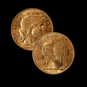 Pièce de 20 Francs Coq en Or, représentant Marianne et le Coq gaulois, monnaie historique française frappée entre 1899 et 1914