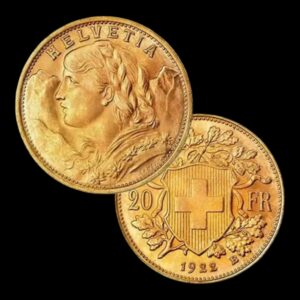 Pièce de 20 Francs Suisse en Or Helvetia, représentant la figure allégorique de Helvetia avec bouclier et lance, monnaie historique suisse frappée entre 1883 et 1935